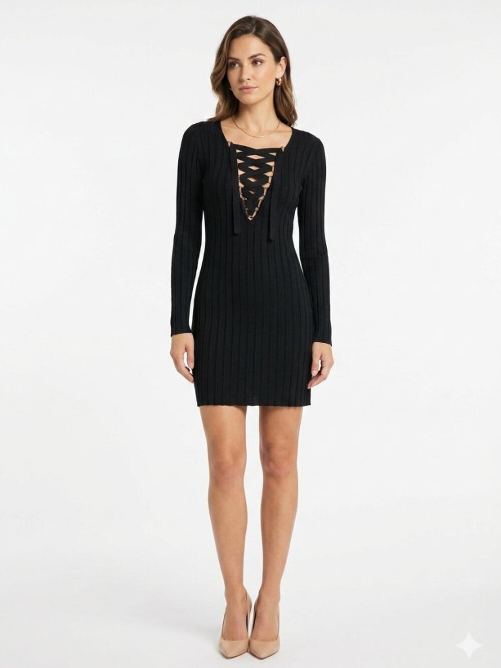 FOR LOVE & LEMONS BLACK RIBBED KNIT LACE UP DRESS - XS
